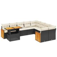 10-delige Loungeset met kussens poly rattan zwart - thumbnail