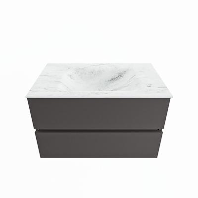MONDIAZ VICA-DLUX 80cm badmeubel onderkast Dark grey 2 lades. Inbouw wastafel CLOUD midden zonder kraangat, kleur Opalo. MONDIAZ VICA-DLUX 80cm badmeubel onderkast Dark grey 2 lades. Inbouw wastafel CLOUD midden zonder kraangat, kleur Opalo.