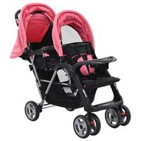 VidaXL Kinderwagen dubbel staal roze en zwart - thumbnail