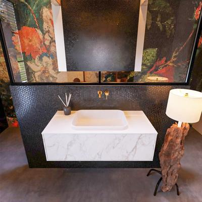 Badkamermeubelset Mondiaz Erin 100 cm met 1 Lade met RIDGE Wastafel Midden Talc Zonder Kraangaten Greeploos Mat Carrara Badkamermeubelset Mondiaz Erin 100 cm met 1 Lade met RIDGE Wastafel Midden Talc Zonder Kraangaten Greeploos Mat Carrara