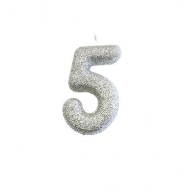 Nummerkaars '5' Glitter Zilver