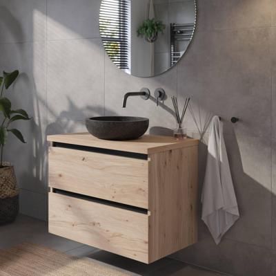 Saqu Gaia badmeubel incl. natuurstenen waskom 80x51x74cm naturel eiken - zwarte greeplijst