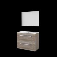 Basic-Line Ultimate 39 Badkamermeubelset - Ondiep - 80 x 39 cm - Greeploos - 2 Lades - Keramische Wastafel - 1 Kraangat - Spiegel met Indirecte LED Verlichting - Scotch Oak - thumbnail