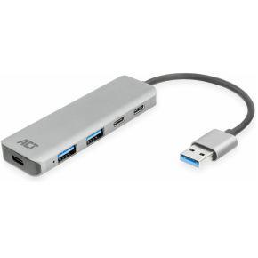 ACT AC6125 USB-A Hub 3.0 | 2x USB-A | 2x USB-C | Zilver | Aluminium