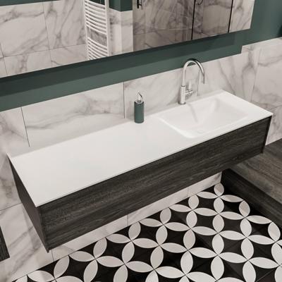 Mondiaz Lush Cloud badmeubel eiken Dark brown 150 cm 1 lade solid surface enkele spoelbak rechts 1 kraangat
