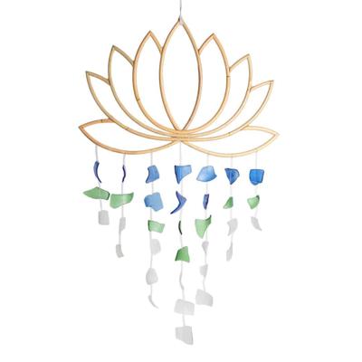 Bamboe Muurhanger Lotusbloem - Blauw, Groen & Wit (ca. 44 x 62 cm)