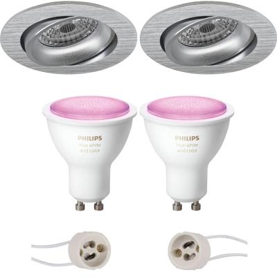 Pragmi Delton Pro - Inbouw Rond - Mat Zilver - Kantelbaar - Ø82mm - Philips Hue - LED Spot Set GU10 - White and Color Ambiance - Bluetooth