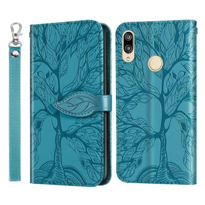 Voor Huawei Y7 Prime (2019) Life of Tree Embossing Pattern Horizontale Flip Lederen Case met Holder & Card Slot & Wallet & Photo Frame & Lanyard(Blauw