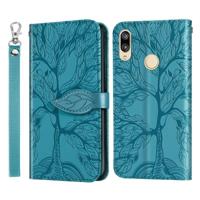 Voor Huawei Y7 Prime (2019) Life of Tree Embossing Pattern Horizontale Flip Lederen Case met Holder & Card Slot & Wallet & Photo Frame & Lanyard(Blauw - thumbnail