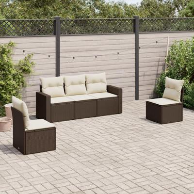 5-delige Loungeset met kussens poly rattan bruin