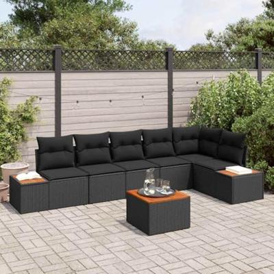 Tuinbankenset met kussen 7 pcs Zwart Poly riet