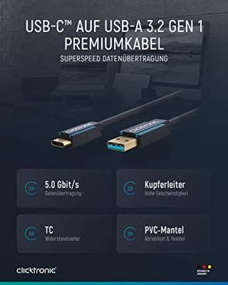 Clicktronic USB-C stekker naar USB-A 3.0 stekker premium kabel/USB 3.2 Gen 1 / type C naar A/snellaadkabel tot 15W / max. overdrachtssnelheid 5 Gbit/s/USB C datakabel voor USB-apparaten, 2m