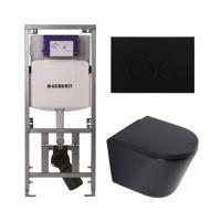 QeramiQ Dely Toiletset - 36.3x51.7cm - diepspoel - rimless - Geberit UP320 inbouwreservoir - softclose toilet zitting 35 mm - metaal mat zwarte bedieningsplaat - ronde knoppen - mat zwart SW1026253/SW1000769/0701131/SW706192 - thumbnail