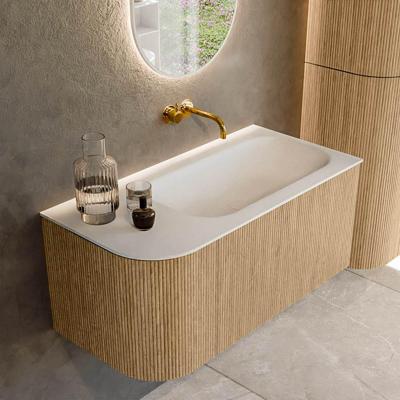 Mondiaz KURVE 95 cm Onderkast Greeploos 1 Lade Met Deuren Oak, Wastafel Solid Surface Rechts Talc 0 Kraangaten Zonder Spiegel (KRVBGS95L1L1D0KR-Oak/Tal)