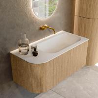 Mondiaz KURVE 95 cm Onderkast Greeploos 1 Lade Met Deuren Oak, Wastafel Solid Surface Rechts Talc 0 Kraangaten Zonder Spiegel (KRVBGS95L1L1D0KR-Oak/Tal) - thumbnail