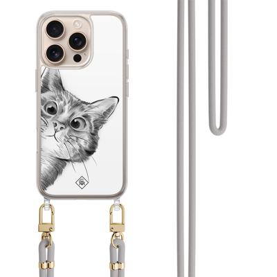 iPhone 16 Pro Max hoesje met grijs koord - Peekaboo kat iPhone 16 Pro Max hoesje met grijs koord - Peekaboo kat