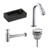 Fonteinset Rhea Zwart Rechthoek Rechts 36.5x18x9cm Toiletkraan Knop Clickwaste Sifon Chroom - thumbnail