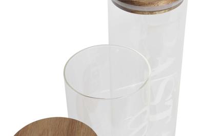 Set van 3 Potjes DKD Home Decor 10,2 x 10,2 x 27,7 cm Natuurlijk Transparant Acacia Letters Borosilicaatglas