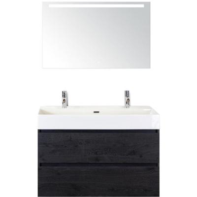 Maxx XL Badmeubelset 100 cm - Black Oak - Wastafel Kube 2 Kraangaten met Sence Spiegel