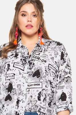 Ulla Popken Blouse, licht oversized, comicprint, afgeronde zoom - Grote Maten