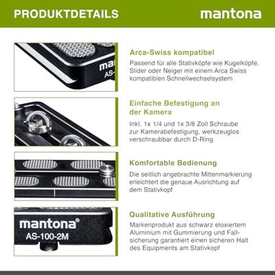 Mantona AS-100-2M Snelwisselplaat Schroefdraad (buiten)=1/4, 3/8 Mantona AS-100-2M Snelwisselplaat Schroefdraad (buiten)=1/4, 3/8