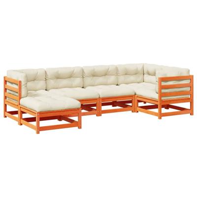6-delige Loungeset met kussens massief grenenhout wasbruin - thumbnail