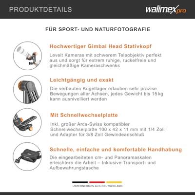 Walimex pro Carbon Gimbal Head statiefkop C15 - hoogwaardig 360 graden panoramafel aapschommel met Arca snelwisselplaat, draagvermogen 20 kg, met tas, voor DSLR DSLM spotting objectief