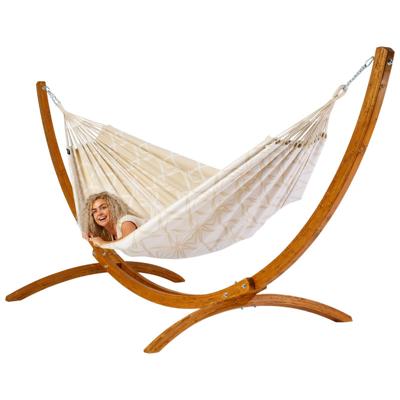 Familie hangmat met houten standaard - 400x180cm - Ecru - 200kg draagkracht- 100% katoen - binnen & buiten