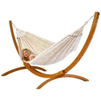 Familie hangmat met houten standaard - 400x180cm - Ecru - 200kg draagkracht- 100% katoen - binnen & buiten - thumbnail