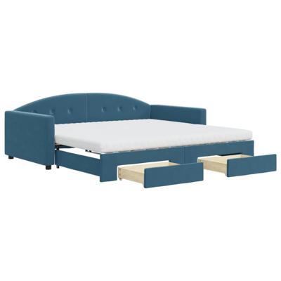 Slaapbank met onderschuifbed en lades 100x200 cm fluweel blauw