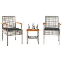 3-delige Bistroset met kussens poly rattan en acaciahout grijs - thumbnail