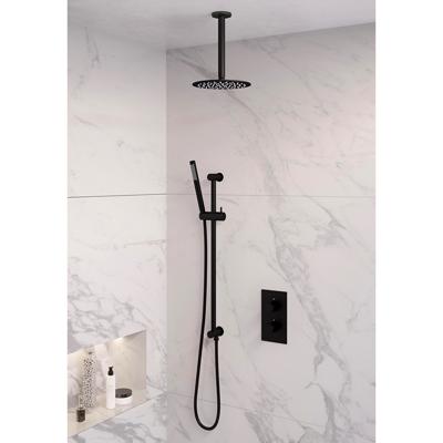 Black Edition thermostatische inbouw regendouche set met omstelling en 20cm douchekop, plafondarm, handdouche, doucheslang, en glijstang in mat zwart