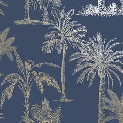 DUTCH WALLCOVERINGS behang tropical trees marineblauw en zilverkleurig