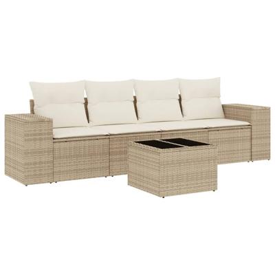 5-delige Loungeset met kussens poly rattan beige