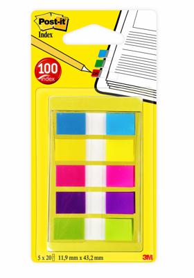 Post-it Index Smal, ft 11,9 x 43,2 mm, blister met 5 kleuren, 20 tabs per kleur Post-it Index Smal, ft 11,9 x 43,2 mm, blister met 5 kleuren, 20 tabs per kleur