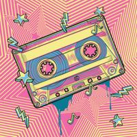 Schilderij - Cassette bandje, retro, roze,geel , 3 maten ,Premium Print - thumbnail