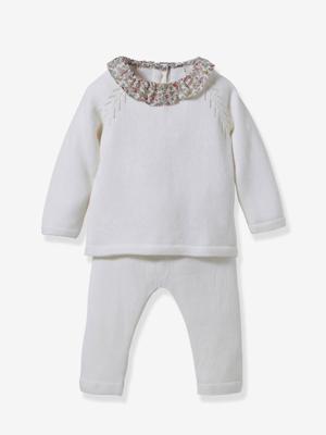 Gebreide babyset kraag van Libertystof CYRILLUS wit Gebreide babyset kraag van Libertystof CYRILLUS wit