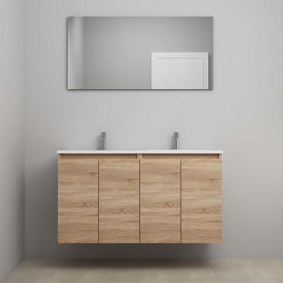 On-Line Badkamermeubelset - 120 cm - Voorgemonteerd - Greeploos 4 Deuren - Acryl Wastafel - 2 Kraangaten - Spiegel - Eiken