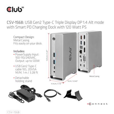 CLUB3D USB Gen2 Type-C Triple Display DP Alt mode Displaylink Dynamic PD Charging Dock met 120 Watt