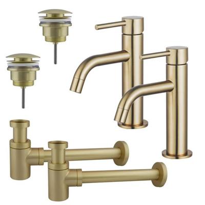 Fortifura Calvi Slim Wastafelkraanset - voor dubbele wastafel - lage wastafelkraan - klikwaste plug - verlaagde design sifon - Geborsteld Messing PVD (Goud) 2x SW720545/2x SW696202/2x SW696218