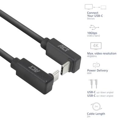 ACT USB 3.0 10Gbps 60W USB Type-C (haaks verticaal) - USB Type-C (haaks verticaal) 2m