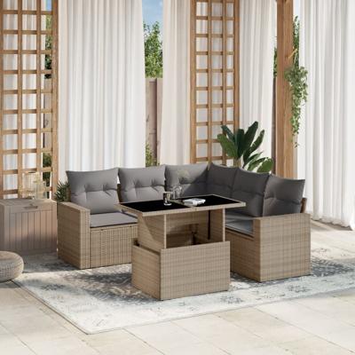 6-delige Loungeset met kussens poly rattan beige