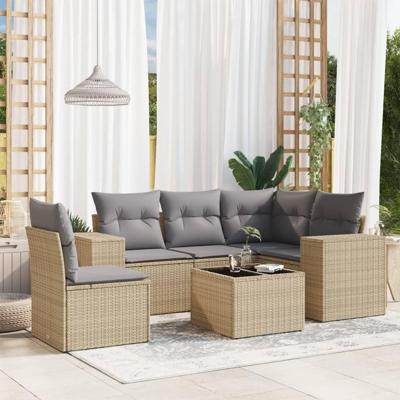 6-delige Loungeset met kussens poly rattan beige