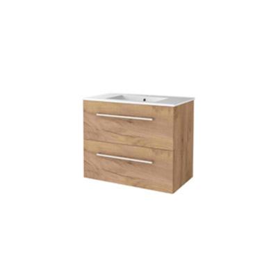 Basic-Line Start 46 Badkamermeubelset - 80 x 46 cm - Met Grepen - 2 Lades - Keramische Wastafel - 1 Kraangat - Whisky Oak