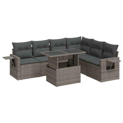 7-delige Loungeset met kussens poly rattan grijs