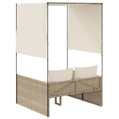Ligbed tweepersoons met dak en gordijn poly rattan beige