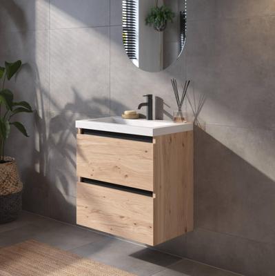 Saqu Gaia ondiep badmeubel incl. glans witte wastafel 60x40x64cm naturel eiken - zwarte greeplijst