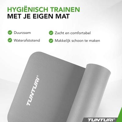 Tunturi NBR Yogamat met Draagtas | Fitness mat Extra dik & zacht | Anti slip | 180x60x1.5cm | Incl Trainingsapp | Grijs