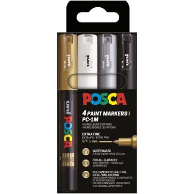 Uni POSCA paintmarker PC-1MC, 0,7 - 1 mm, etui van 4 stuks, goud, zilver, wit en zwart Uni POSCA paintmarker PC-1MC, 0,7 - 1 mm, etui van 4 stuks, goud, zilver, wit en zwart
