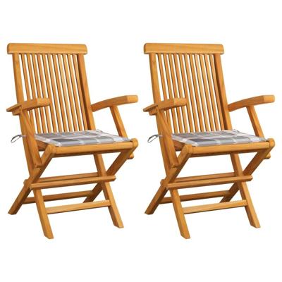 Tuinstoelen 2 st met grijs geruite kussens massief teakhout